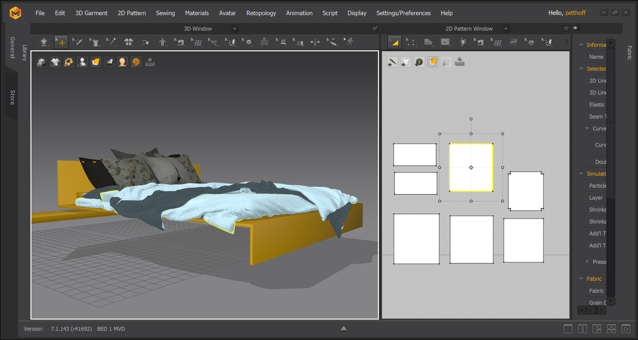 Modelisation on Marvelous Designer of the bed.