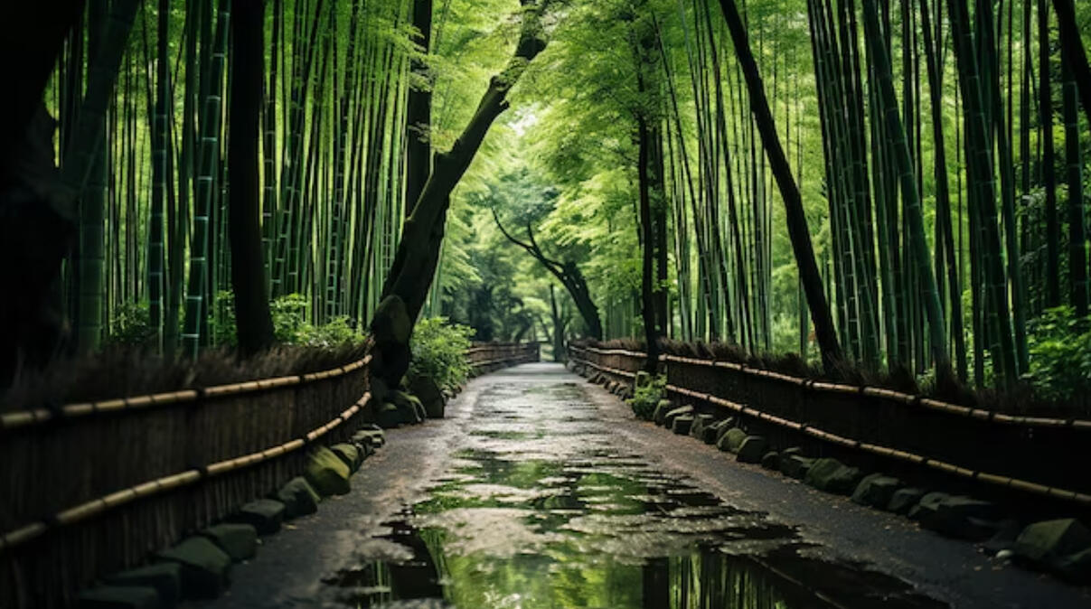 Ambiance ref : photography of the Bamboo forest trail in Kyoto.